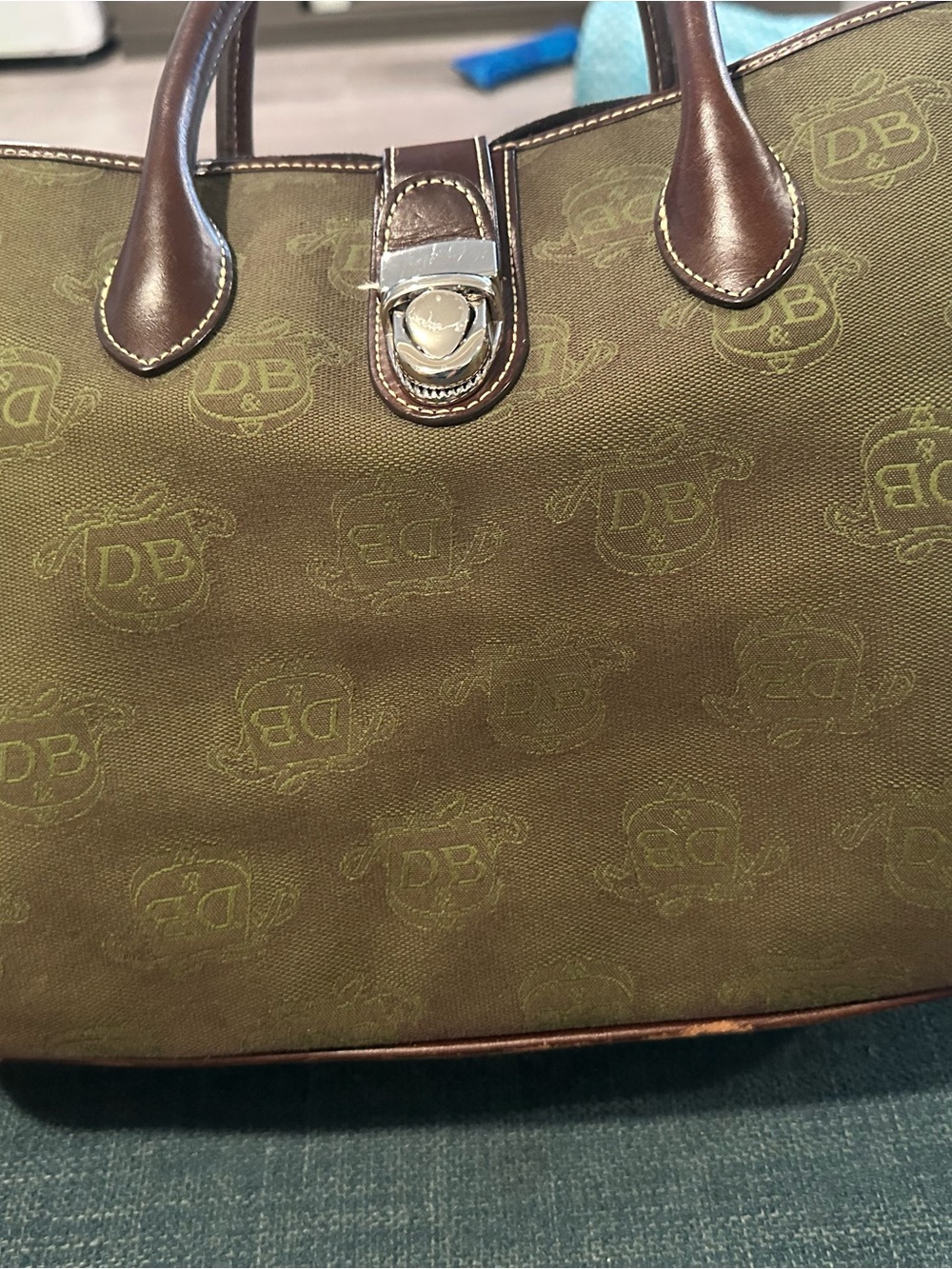 Dooney & Bourke Olive Canvas Tote with Brown Leather Trim